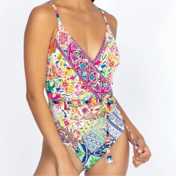 Johnny Was Locita Wrap One Piece Swimsuit Floral Patchwork Swimsiut NWT - Picture 2 of 10